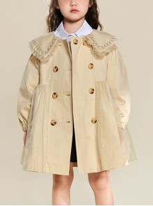 Flower Embroidery Large Lapel Splicing Shiny Mesh Khaki Sweet Lolita Kids Long-Sleeved Coat