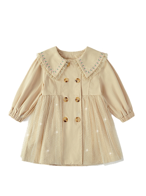 Flower Embroidery Large Lapel Splicing Shiny Mesh Khaki Sweet Lolita Kids Long-Sleeved Coat