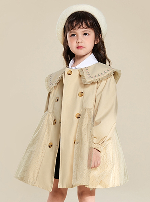 Flower Embroidery Large Lapel Splicing Shiny Mesh Khaki Sweet Lolita Kids Long-Sleeved Coat