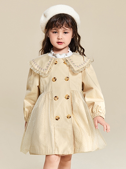 Flower Embroidery Large Lapel Splicing Shiny Mesh Khaki Sweet Lolita Kids Long-Sleeved Coat