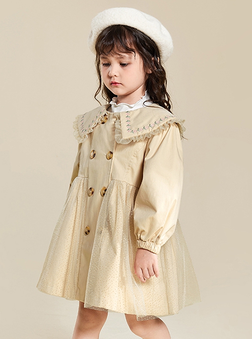 Flower Embroidery Large Lapel Splicing Shiny Mesh Khaki Sweet Lolita Kids Long-Sleeved Coat