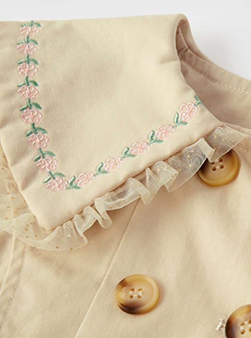 Flower Embroidery Large Lapel Splicing Shiny Mesh Khaki Sweet Lolita Kids Long-Sleeved Coat