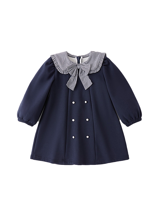 College Style Plaid Bowknot Lapel Double Breasted Fashion Warm School Lolita Kids Long Sleeve Dress