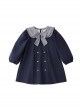 College Style Plaid Bowknot Lapel Double Breasted Fashion Warm School Lolita Kids Long Sleeve Dress
