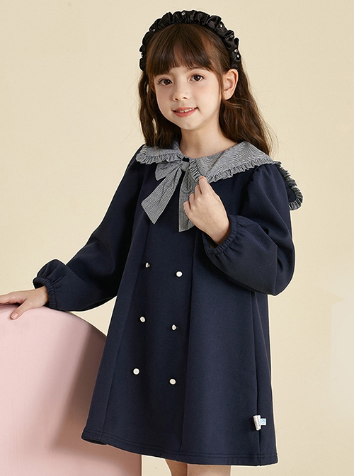 College Style Plaid Bowknot Lapel Double Breasted Fashion Warm School Lolita Kids Long Sleeve Dress