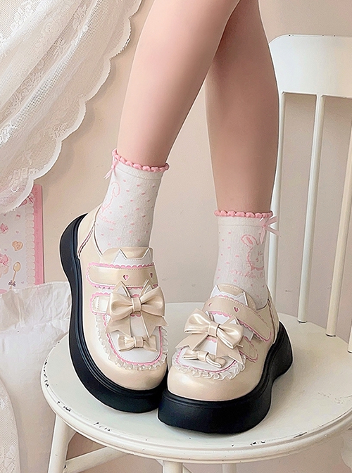 Magic Cat Cat Series Student Sweet Daily Round Toe Bowknot Mary Jane Thick-Soled Flat Shoes Sweet Lolita Shoes