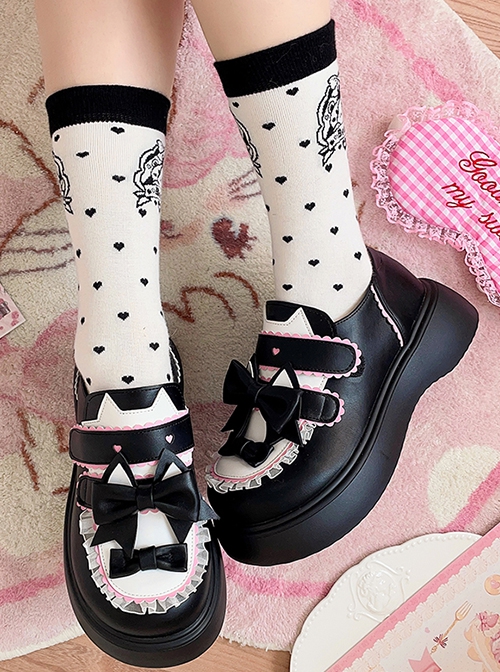 Magic Cat Cat Series Student Sweet Daily Round Toe Bowknot Mary Jane Thick-Soled Flat Shoes Sweet Lolita Shoes