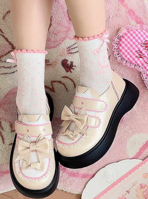 Magic Cat Cat Series Student Sweet Daily Round Toe Bowknot Mary Jane Thick-Soled Flat Shoes Sweet Lolita Shoes