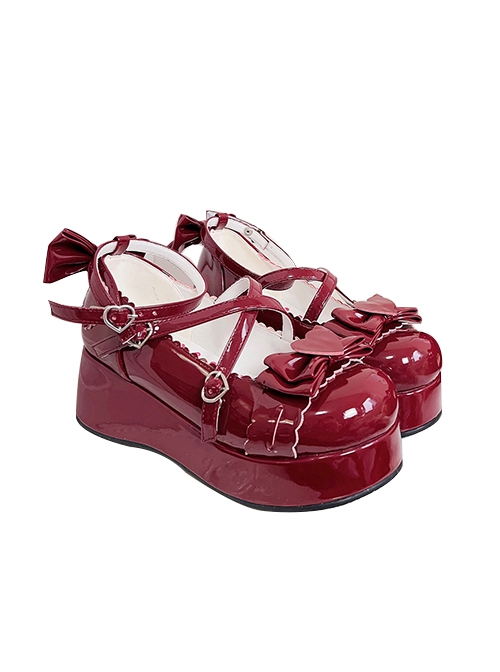 Solid Color Cute Round Toe Heart Bowknot Decoration Platform Flats Sweet Lolita Shoes