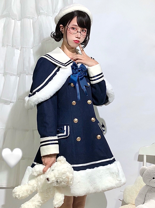 Navy Style Large Lapel Double Breasted Winter Sailor Suit Plush Hem School Lolita Long Sleeve Coat