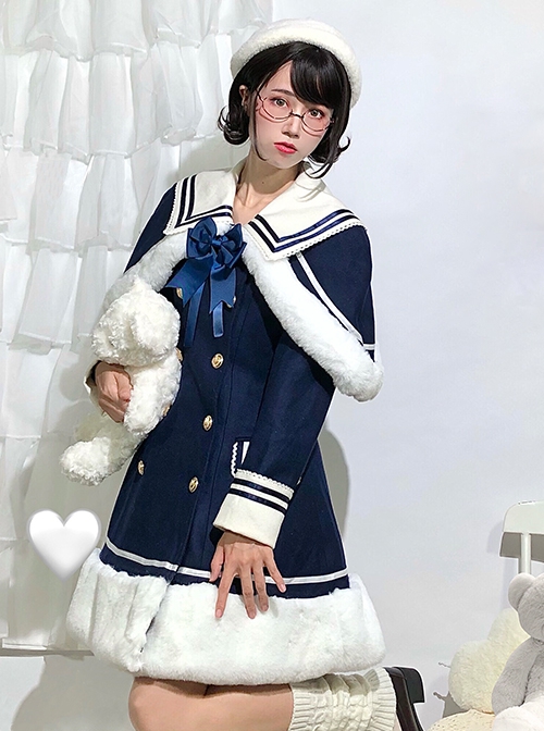 Navy Style Large Lapel Double Breasted Winter Sailor Suit Plush Hem School Lolita Long Sleeve Coat