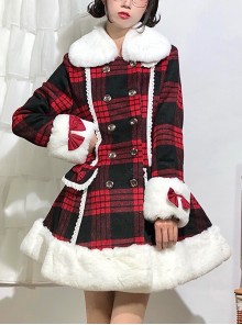 Christmas Red Plaid Cute Bowknot Decoration Plush Winter Warm Sweet Lolita Long Sleeve Coat