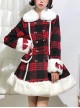 Christmas Red Plaid Cute Bowknot Decoration Plush Winter Warm Sweet Lolita Long Sleeve Coat