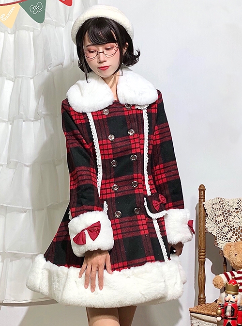 Christmas Red Plaid Cute Bowknot Decoration Plush Winter Warm Sweet Lolita Long Sleeve Coat