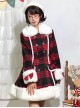 Christmas Red Plaid Cute Bowknot Decoration Plush Winter Warm Sweet Lolita Long Sleeve Coat