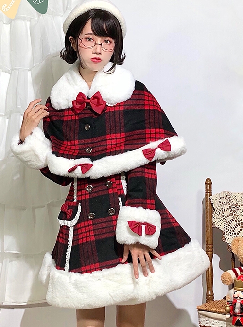 Christmas Red Plaid Cute Bowknot Decoration Plush Winter Warm Sweet Lolita Long Sleeve Coat