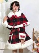 Christmas Red Plaid Cute Bowknot Decoration Plush Winter Warm Sweet Lolita Long Sleeve Coat