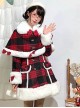 Christmas Red Plaid Cute Bowknot Decoration Plush Winter Warm Sweet Lolita Long Sleeve Coat