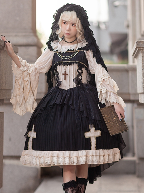 Eternal Life Song Series Spring Chiffon Lace Stitching Cross Halloween Classic Lolita Sleeveless Dress