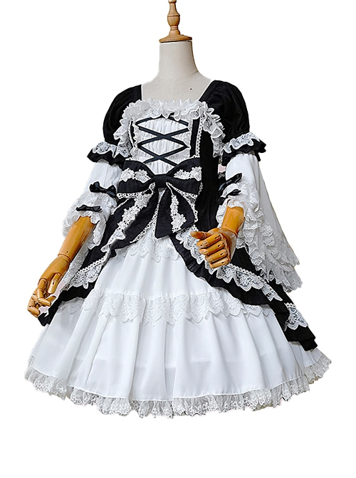 Vintage Gorgeous Black-White Square Neck Lace Lacing Bowknot Decoration Sweet Lolita Short Sleeve Dress