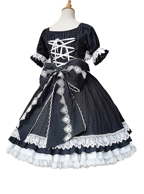 Vintage Gorgeous Black-White Square Neck Lace Lacing Bowknot Decoration Sweet Lolita Short Sleeve Dress