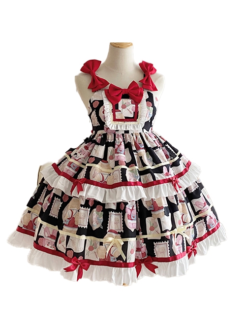 Cute Red Bowknot Stamp Print Cake Skirt Sweet Lolita Sleeveless Dress