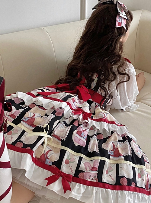 Cute Red Bowknot Stamp Print Cake Skirt Sweet Lolita Sleeveless Dress