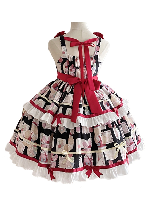 Cute Red Bowknot Stamp Print Cake Skirt Sweet Lolita Sleeveless Dress