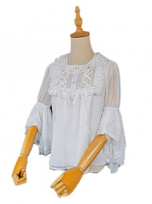 Spring Translucent Stitching Lace Trumpet Sleeve Lacing Chiffon Loose Classic Lolita Mid-Sleeve Shirt