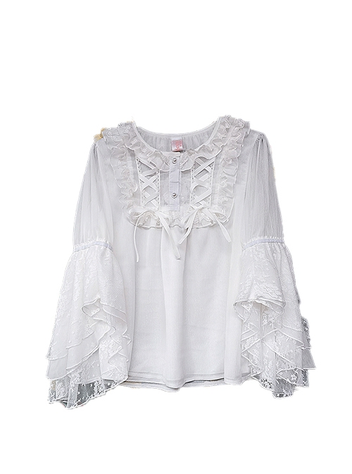 Spring Translucent Stitching Lace Trumpet Sleeve Lacing Chiffon Loose Classic Lolita Mid-Sleeve Shirt