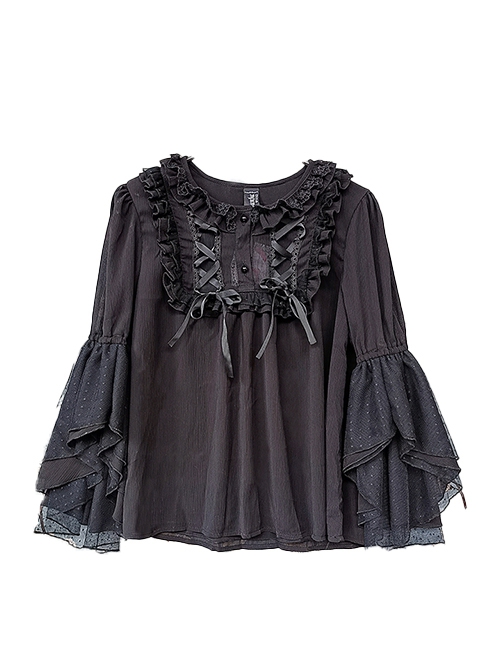 Spring Translucent Stitching Lace Trumpet Sleeve Lacing Chiffon Loose Classic Lolita Mid-Sleeve Shirt