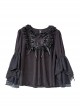 Spring Translucent Stitching Lace Trumpet Sleeve Lacing Chiffon Loose Classic Lolita Mid-Sleeve Shirt