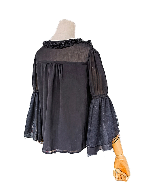 Spring Translucent Stitching Lace Trumpet Sleeve Lacing Chiffon Loose Classic Lolita Mid-Sleeve Shirt