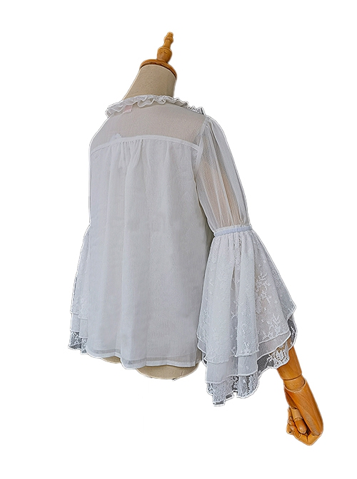 Spring Translucent Stitching Lace Trumpet Sleeve Lacing Chiffon Loose Classic Lolita Mid-Sleeve Shirt