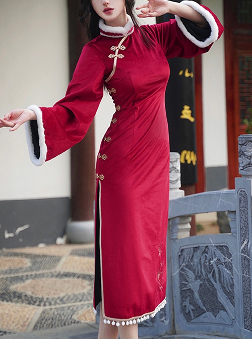 Bustling Series Chinese Style Plush Stand Collar Velvet Trumpet Sleeve Butterfly Embroidery Long Improved Cheongsam Hanfu Long-Sleeved Dress