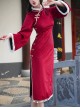 Bustling Series Chinese Style Plush Stand Collar Velvet Trumpet Sleeve Butterfly Embroidery Long Improved Cheongsam Hanfu Long-Sleeved Dress