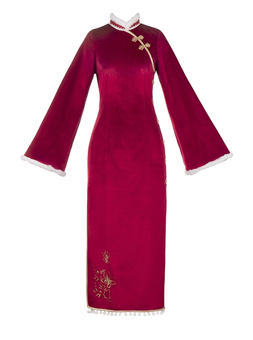 Bustling Series Chinese Style Plush Stand Collar Velvet Trumpet Sleeve Butterfly Embroidery Long Improved Cheongsam Hanfu Long-Sleeved Dress