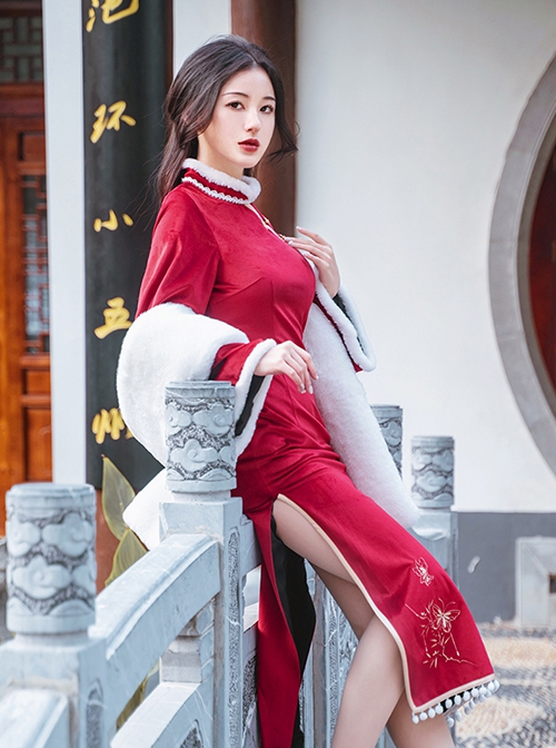 Bustling Series Chinese Style Plush Stand Collar Velvet Trumpet Sleeve Butterfly Embroidery Long Improved Cheongsam Hanfu Long-Sleeved Dress