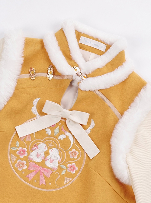 Chinese Style Plush Stand Collar Hollow Velvet Flower Rabbit Embroidered Ruffle Hem Sweet Lolita Long Sleeve Dress