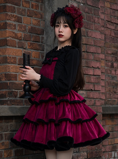 Lilith Series Playful Sexy Velvet Princess Three-Section Cake Skirt Gothic Lolita Sleeveless Dress