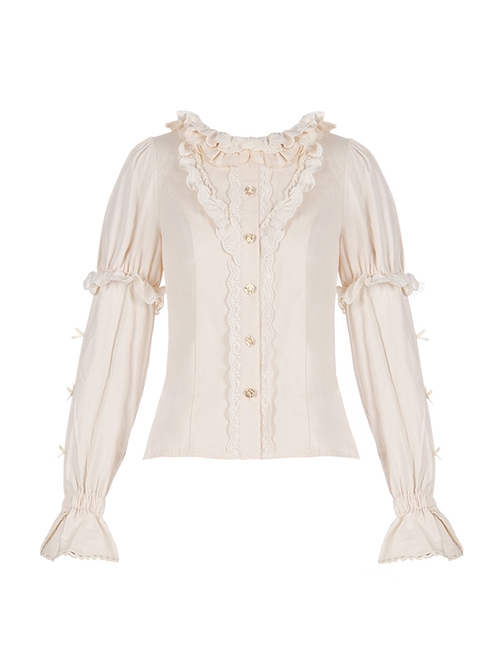 Warm Wind Series Solid Color Retro Elegant All-Match Round Neck Rose Button Puff Sleeve Classic Lolita Long-Sleeved Shirt