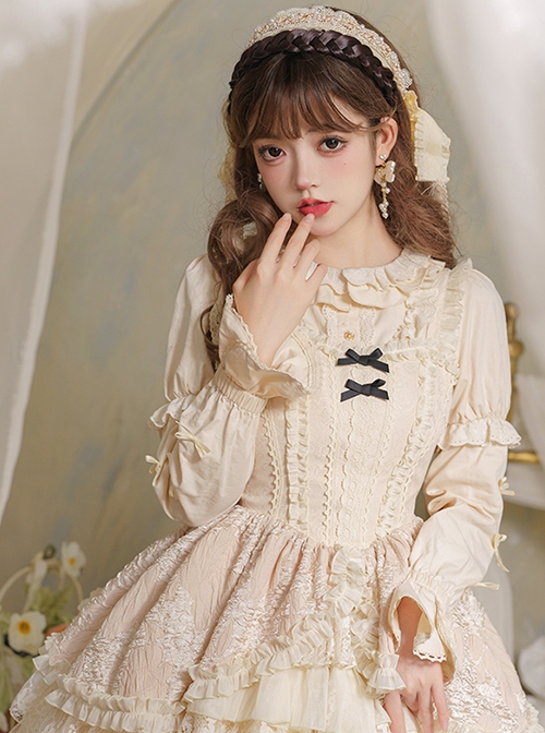 Warm Wind Series Solid Color Retro Elegant All-Match Round Neck Rose Button Puff Sleeve Classic Lolita Long-Sleeved Shirt