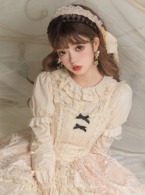 Warm Wind Series Solid Color Retro Elegant All-Match Round Neck Rose Button Puff Sleeve Classic Lolita Long-Sleeved Shirt