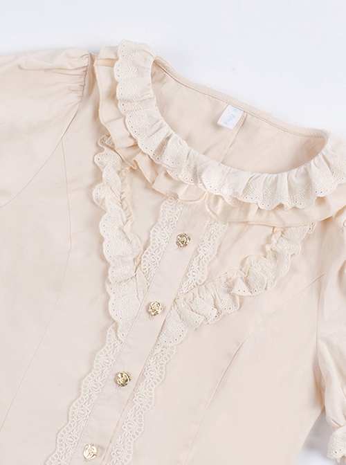 Warm Wind Series Solid Color Retro Elegant All-Match Round Neck Rose Button Puff Sleeve Classic Lolita Long-Sleeved Shirt