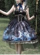 Vintage Gorgeous Fairy Fish Fantasy Print Lace Square Neck Elegant Bead Chain Decorate Gothic Lolita Sleeveless Dress