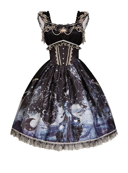 Vintage Gorgeous Fairy Fish Fantasy Print Lace Square Neck Elegant Bead Chain Decorate Gothic Lolita Sleeveless Dress