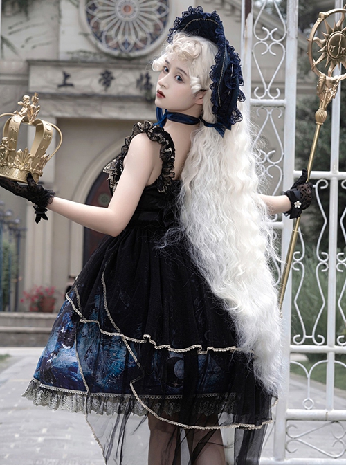 Vintage Gorgeous Fairy Fish Fantasy Print Lace Square Neck Elegant Bead Chain Decorate Gothic Lolita Sleeveless Dress