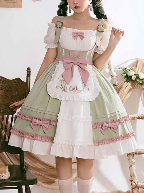 Tulip Garden Series Spring Small Fresh Tulip Embroidery Lacing Sweet Lolita Sleeveless Dress Set