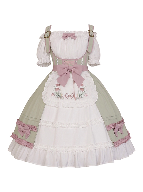 Tulip Garden Series Spring Small Fresh Tulip Embroidery Lacing Sweet Lolita Sleeveless Dress Set