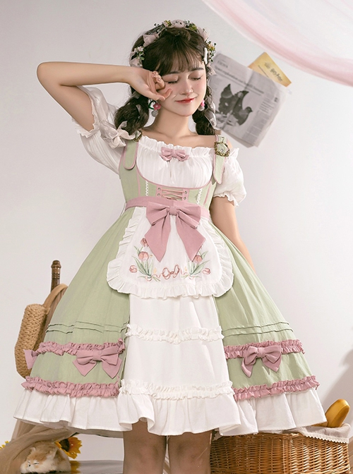 Tulip Garden Series Spring Small Fresh Tulip Embroidery Lacing Sweet Lolita Sleeveless Dress Set